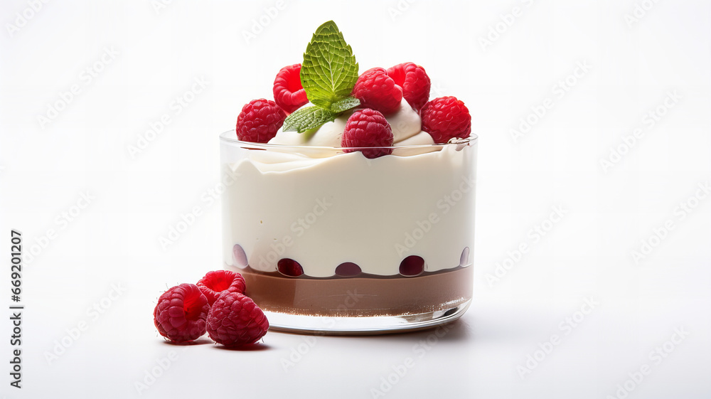 A cream dessert in a glass with raspberries A cream dessert in a glass with raspberries