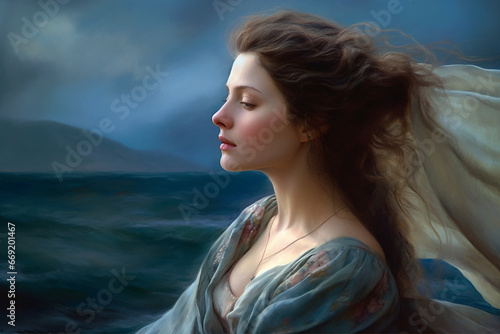 Captivating Oceanic Art: A Painting of a Woman in Victorian-Era Attire, Evoking Medieval Inspiration, Serene Faces, and Romantic Hues Palette, Filling the Frame with Kind and Wonderful Vision