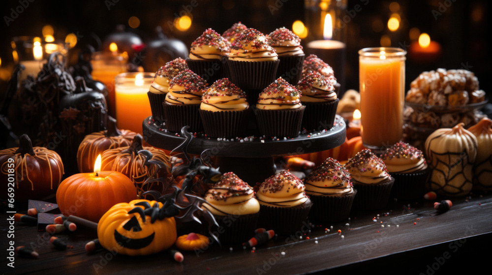 A table filled with Halloween sweets and treats including caramel apples lollipops and cupcakes A table filled with Halloween sweets and treats including caramel apples lollipops and cupcakes