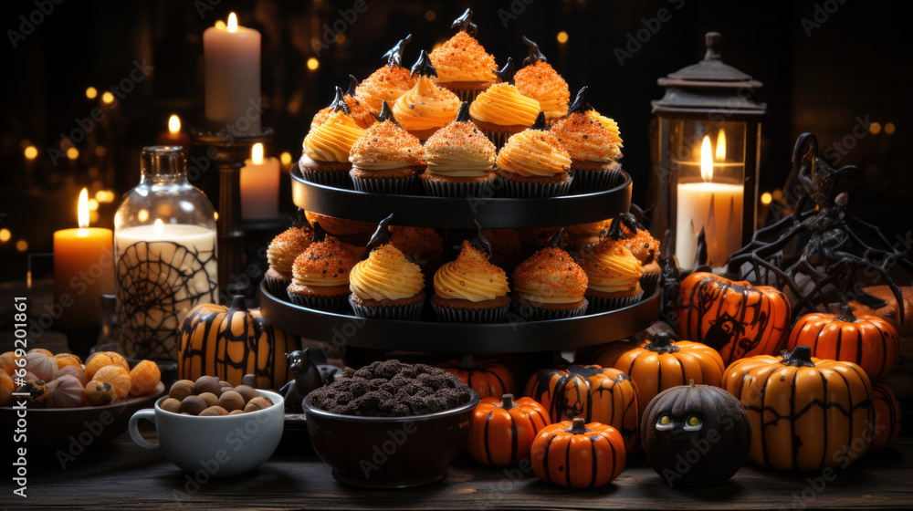 A table filled with Halloween sweets and treats including caramel apples lollipops and cupcakes A table filled with Halloween sweets and treats including caramel apples lollipops and cupcakes