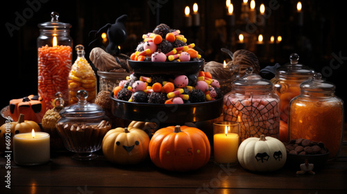 A table filled with Halloween sweets and treats including caramel apples lollipops and cupcakes
