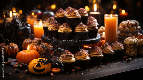 A table filled with Halloween sweets and treats including caramel apples lollipops and cupcakes