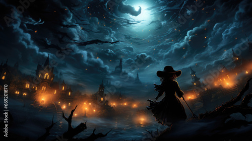 A witch riding her broom flying through the night sky