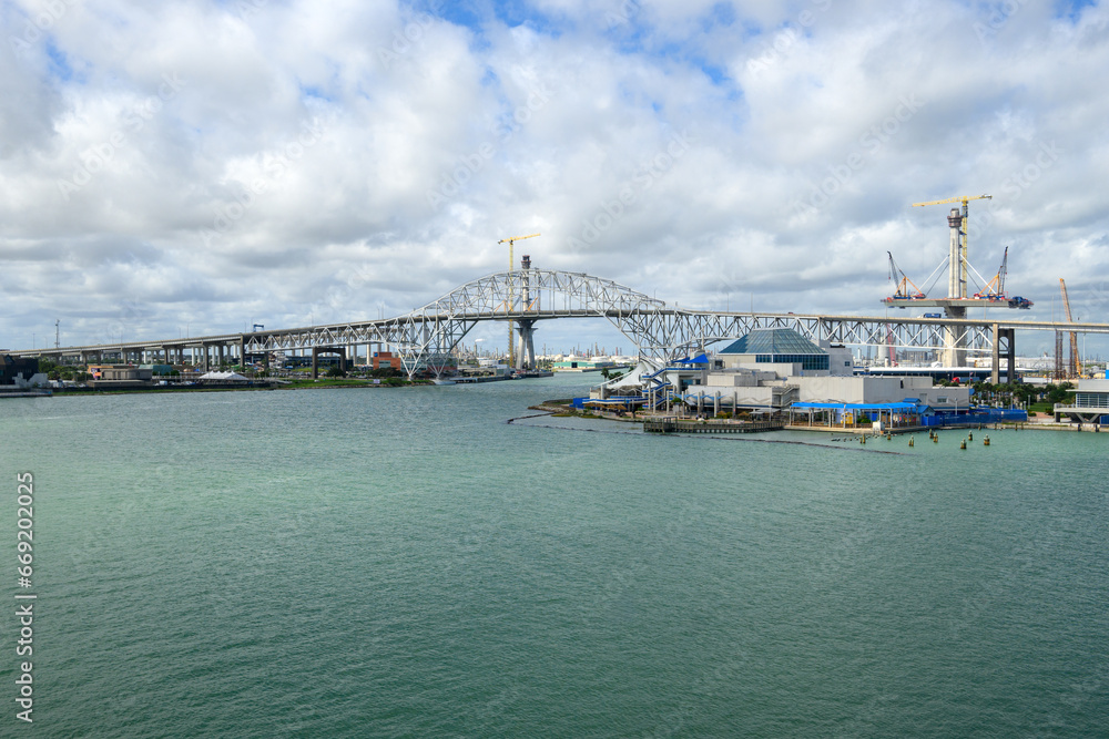 View over Harbor Bridge and the Texas State Aquarium in Corpus Christi. Texas, USA