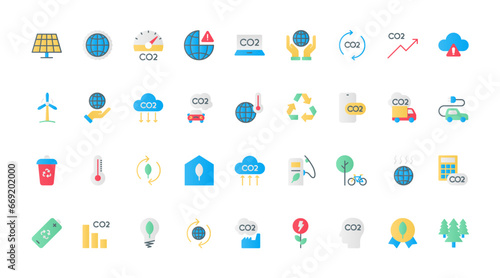 Carbon neutral and net zero symbols, greenhouse gas and environment pollution reduction with eco friendly sustainable energy, industry. CO2 emissions flat icons set vector illustration. © lembergvector