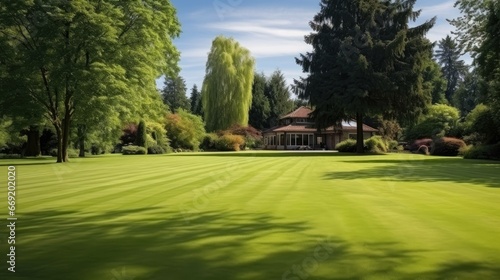 Beautiful and large manicured lawn surrounded by trees and bushes on a bright summer day 