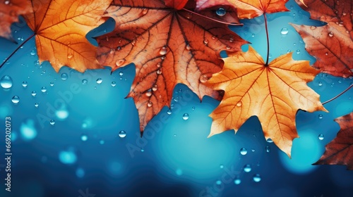 Beautiful autumn leaves in the rain with orange-red autumn leaves.
