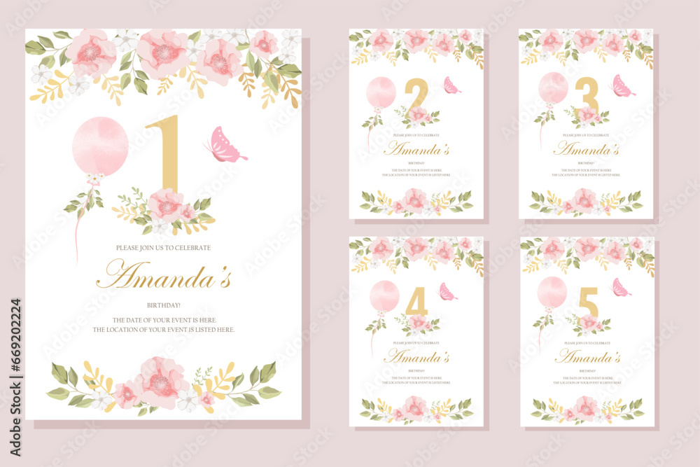 set of invitation cards for the girl's  birthday party. Template for baby shower invitation. one year	 - obrazy, fototapety, plakaty 