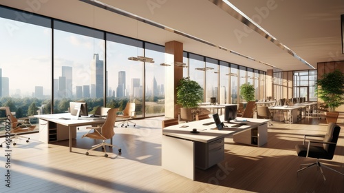Beautiful background of a light modern office interior with panoramic big windows and beautiful lighting
