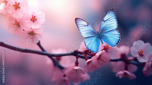 Beautiful blue and white butterfly perched on vibrant pink flower © Creative Canvas