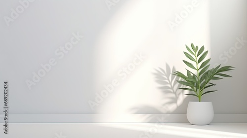 Minimalistic light background with blurred foliage shadow on a white wall. Beautiful house plant in the pot on the background of a white wall for a corporate product advertising