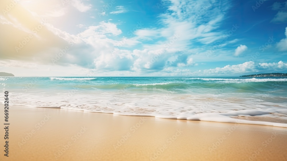 Beautiful natural tropical summer beach background with golden sand, turquoise ocean, and blue sky with white clouds Beautiful natural tropical summer beach background with golden sand, turquoise ocean, and blue sky with white clouds