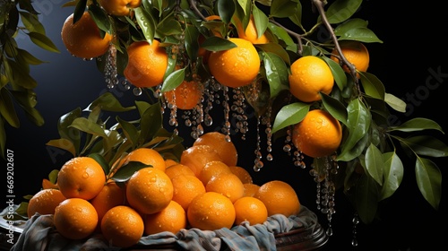 Tangerines, New Year's delicious vitamin set of orange fruits. Citrus tree. Healthy eating and diet food, banner on a white background.