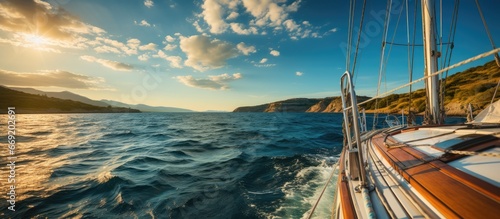 Sailboat in the middle of the sea in the sun with a beautiful open sea background photo