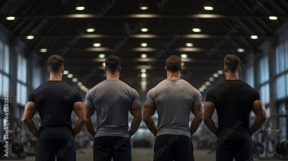Group of athletic men  stand together in the background of a gym
