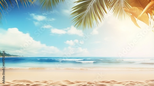 Beautiful wide panorama for summer vacation and travel. Golden sand of tropical beach, blurry palm leaves and sea on sunny day © Creative Canvas