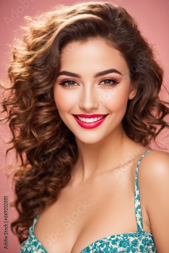 Smiling Woman with Curly Brown Hair and Glamorous Makeup