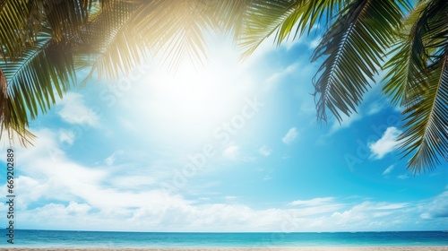 Beautiful wide panorama for summer vacation and travel. Golden sand of tropical beach, blurry palm leaves and sea on sunny day