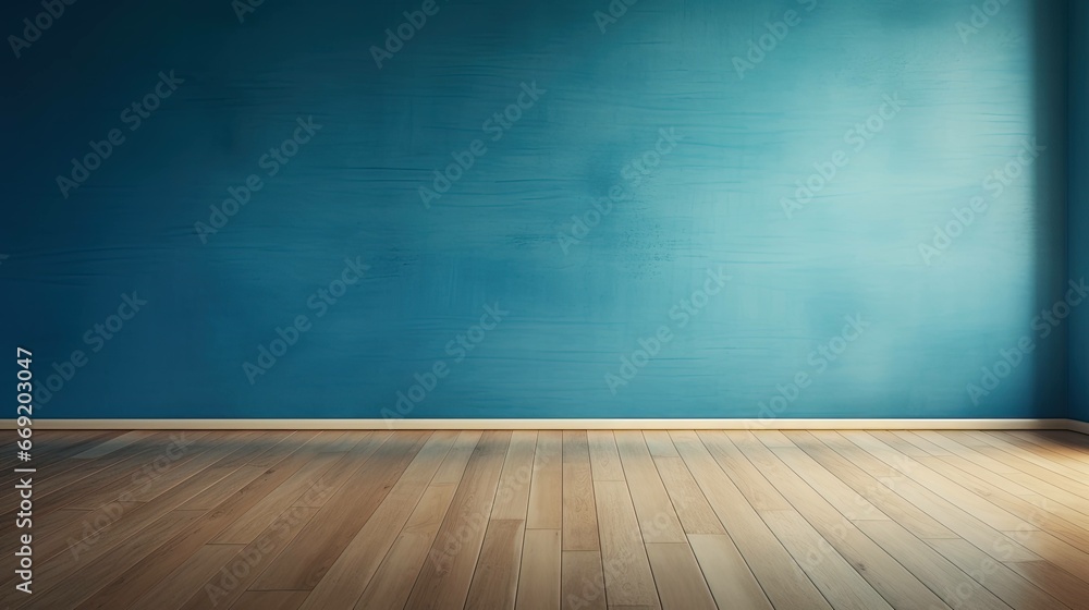 Blue turquoise empty wall and wooden floor with interesting glare from the window Interior with geometrical sunlight and shadows.Interior background for the presentation Blue turquoise empty wall and wooden floor with interesting glare from the window Interior with geometrical sunlight and shadows.Interior background for the presentation