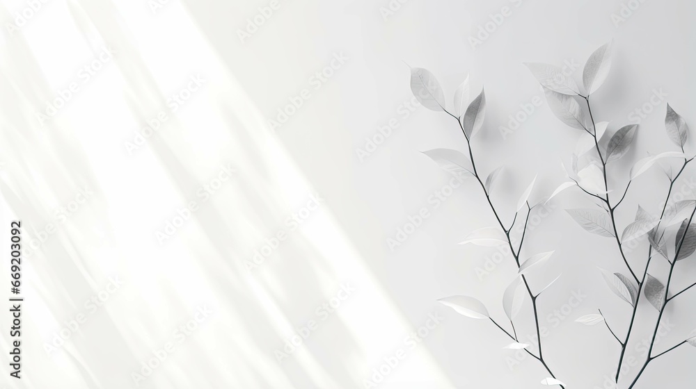 Fototapeta premium Minimal abstract background for product presentation for blogging featuring beige monochrome backdrop or screensaver with abstract natural leaf shadows on a white wall
