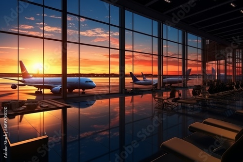 The interior of a modern airport, huge panoramic windows in the rays of the setting sun.