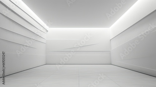Conceptual design of an abstract showroom with wide empty halls and partitions situated in an architectural background