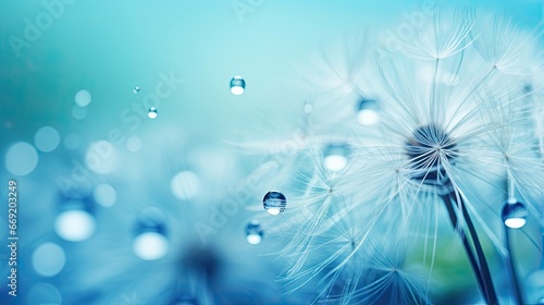 Dandelion Seeds in the water drops of dew on a beautifully blurred background