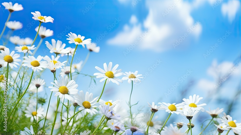 Flowers daisies in summer spring meadow with a blue sky background. Beautiful spring landscape