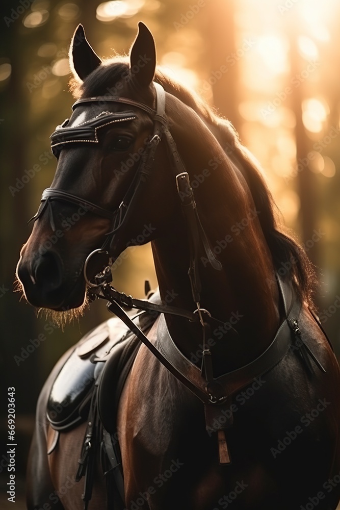 Obraz premium horse in the saddle sits a rider with stirrups
