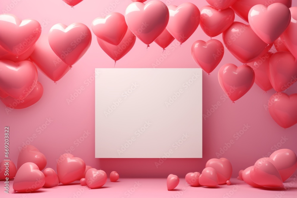 Pink heart shaped balloons around a white frame. Template layout for greeting card for Valentines day