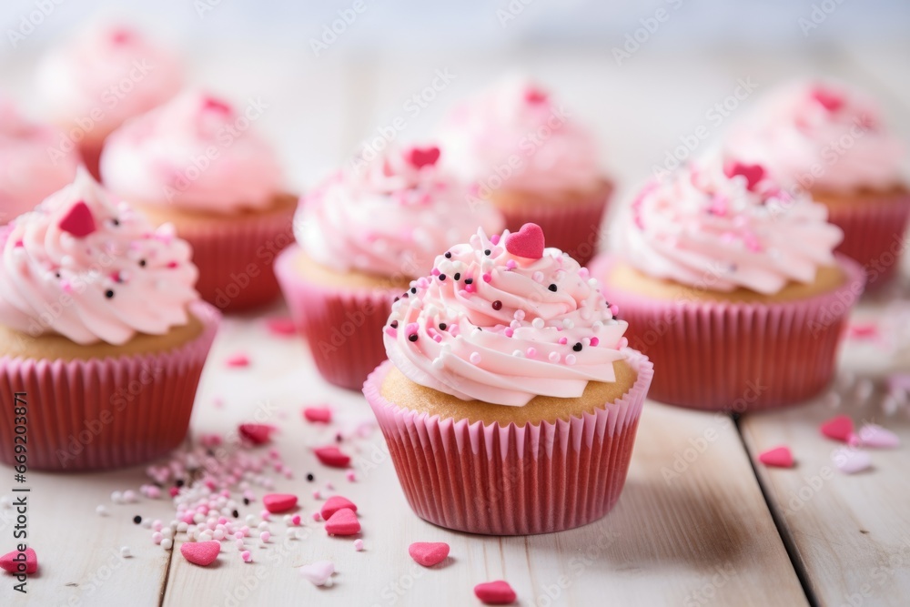 Many cupcakes with pink frosting and heart shaped sprinkles on white wooden table