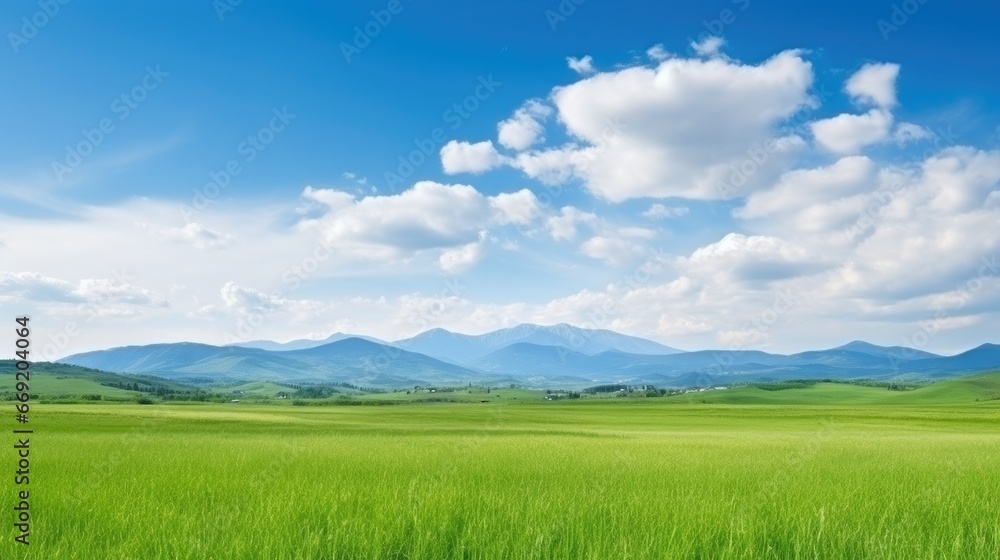 Fototapeta premium Panoramic nature landscape with green grass, blue sky with clouds and mountains in the background