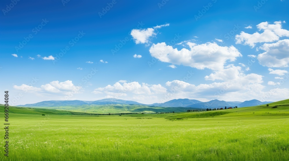 Panoramic nature landscape with green grass, blue sky with clouds and mountains in the background