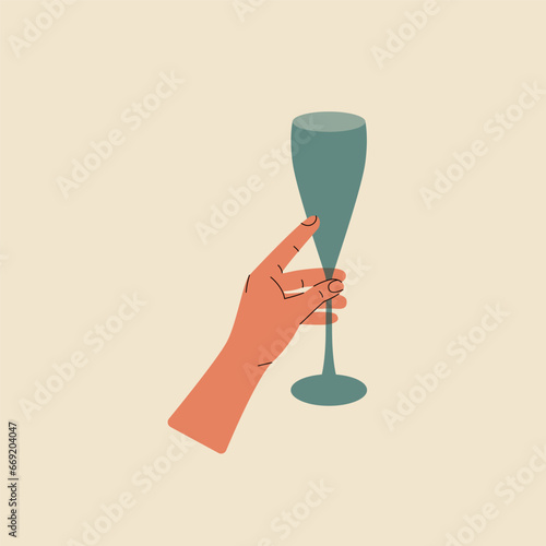 Hand with glass with alcohol cocktail. Wineglass with drink, abstract design for greeting cards, postcards, invitations, menu. Vector illustration