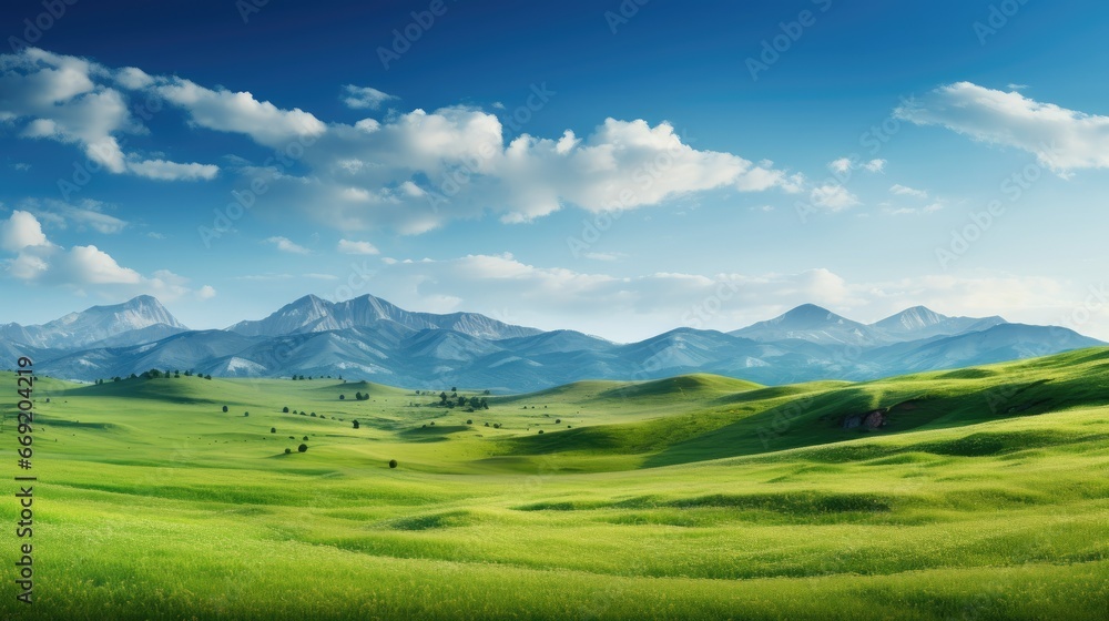 Fototapeta premium Panoramic nature landscape with green grass, blue sky with clouds and mountains in the background