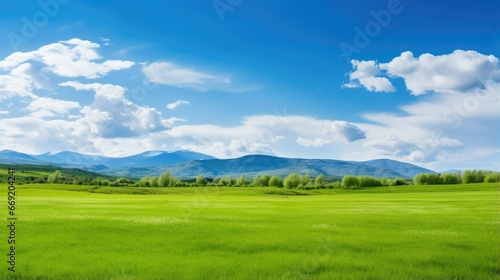 Panoramic nature landscape with green grass, blue sky with clouds and mountains in the background