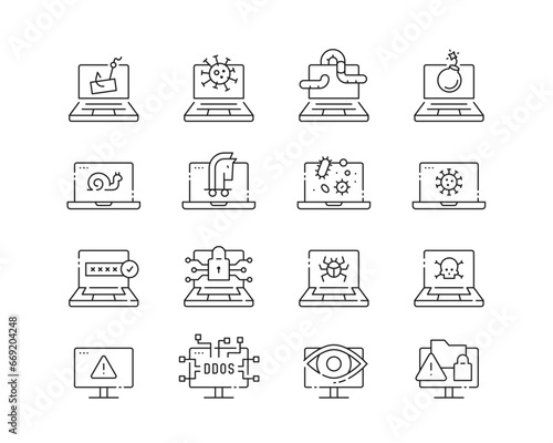 Computer Problems Icon collection containing 16 editable stroke icons. Perfect for logos, stats and infographics. Edit the thickness of the line in Adobe Illustrator (or any vector capable app).