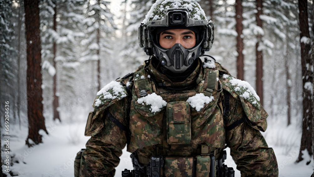 futuristic soldier in winter forest