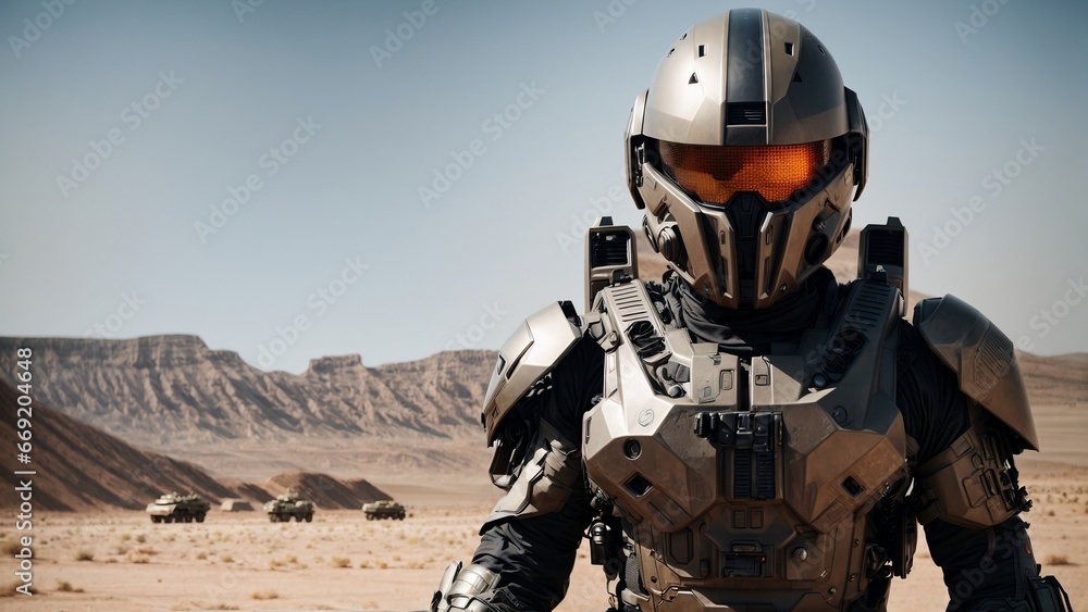 Fototapeta premium futuristic soldier in power armor standing in desert