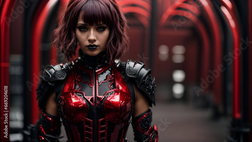 stunning beautiful woman in futuristic red gothic armor