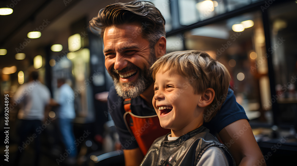 A young boy getting a haircut from a smiling barber A young boy getting a haircut from a smiling barber