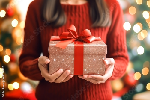 WOMAN HOLDING A GIFT WITH A RED RIBBON IN HER HANDS © BARLOP