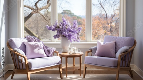 modern living room with arm sofa chair, purple color concept. Generative in ai