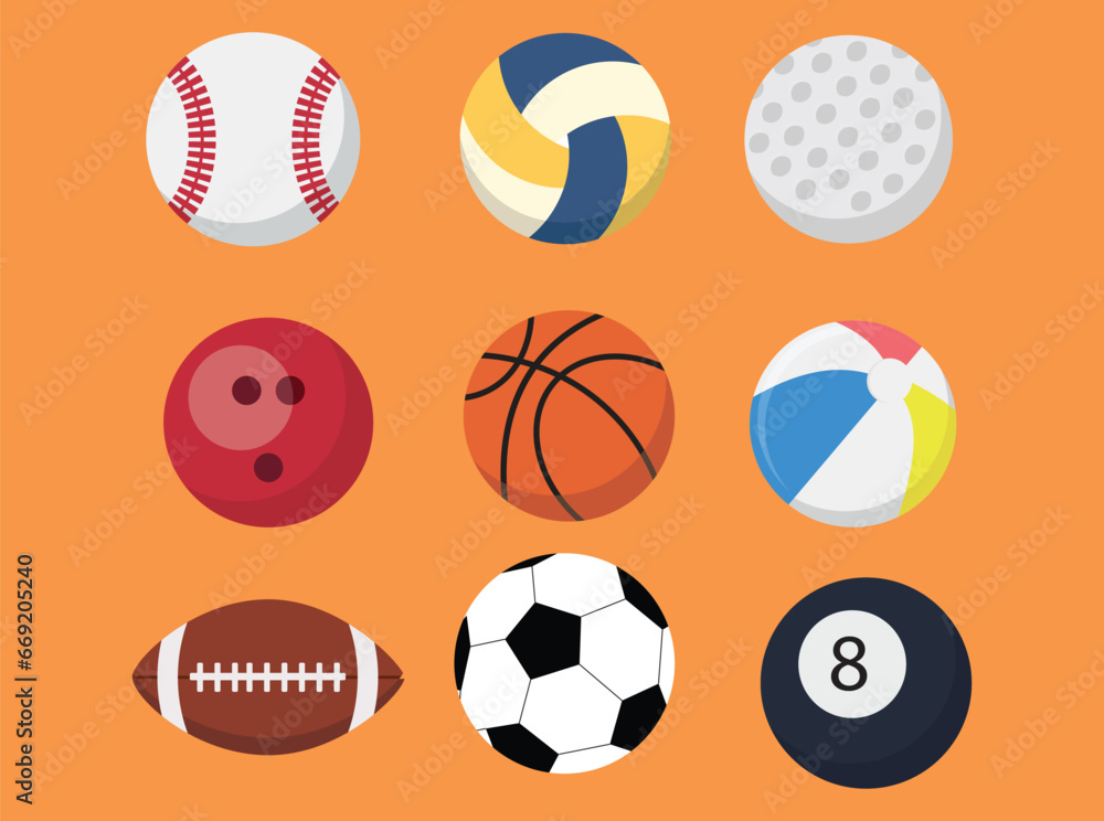Sports balls flat icon set. Vector illustration.