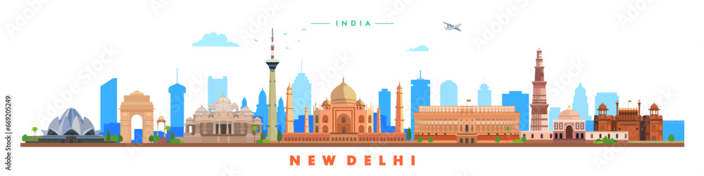 New delhi city landmarks vector illustration on white background, India	 - obrazy, fototapety, plakaty 