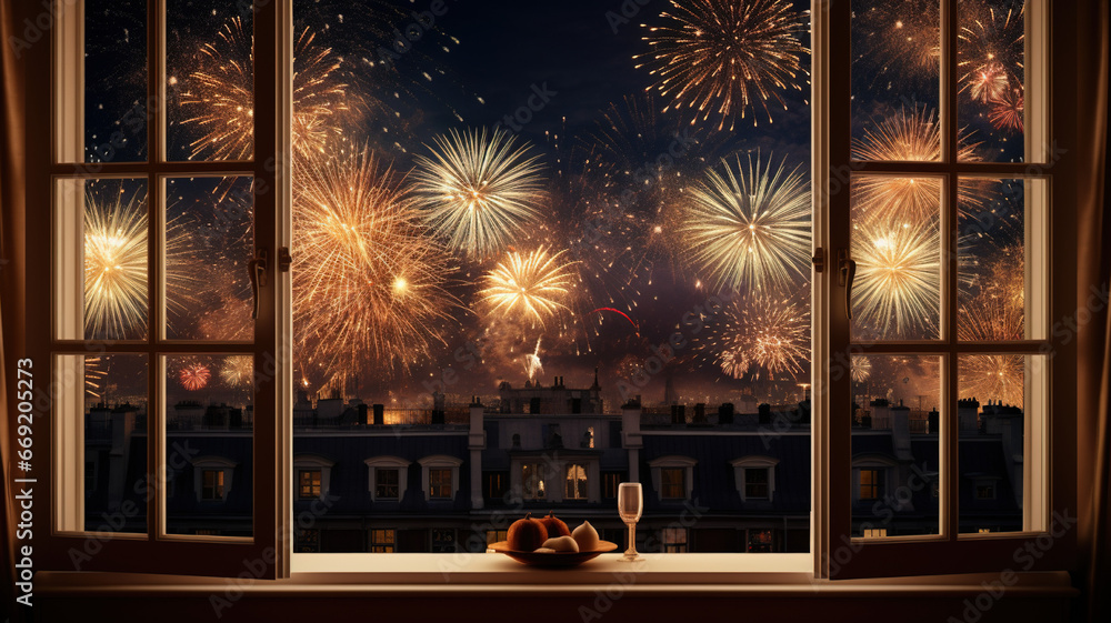 New years eve fireworks from a window of a room for online promotions in warm and happy mood - obrazy, fototapety, plakaty 