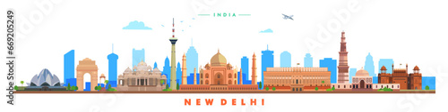 New delhi city landmarks vector illustration on white background, India	