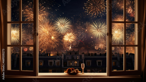 New years eve fireworks from a window of a room for online promotions in warm and happy mood photo