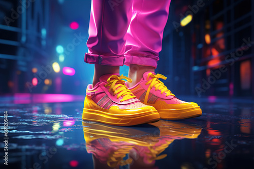 Legs in pink pants and sneakers of bright colors are pink and yellow against the background of a modern night city with the reflection of lights in wet asphalt. Generative ai