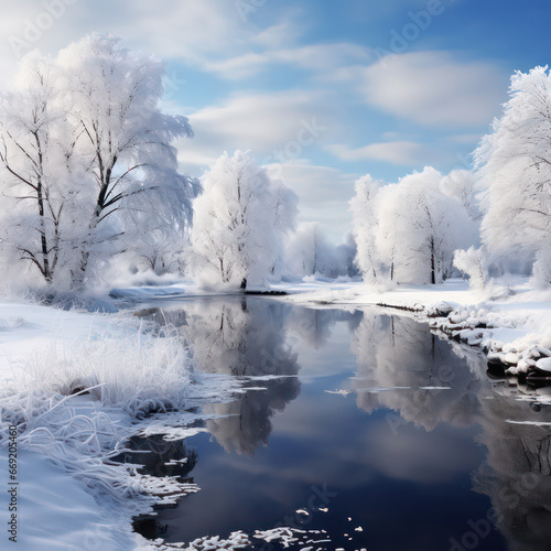 Winter wonderland A serene, snow-covered landscape with glistening trees and a peaceful, icy river under the soft, pastel hues of the setting sun © Svitlofor